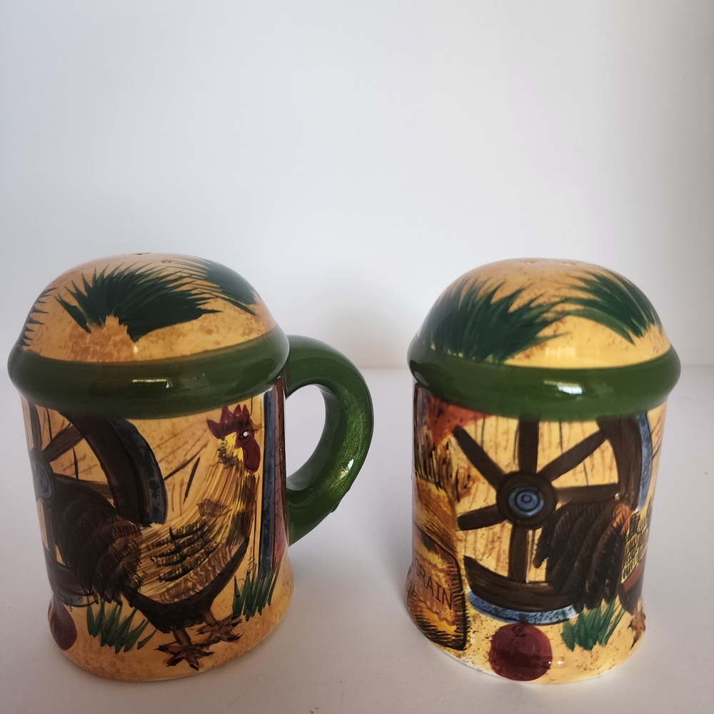 WCL Handpainted Colorful Rooster  and Windmill Salt And Pepper Shakers